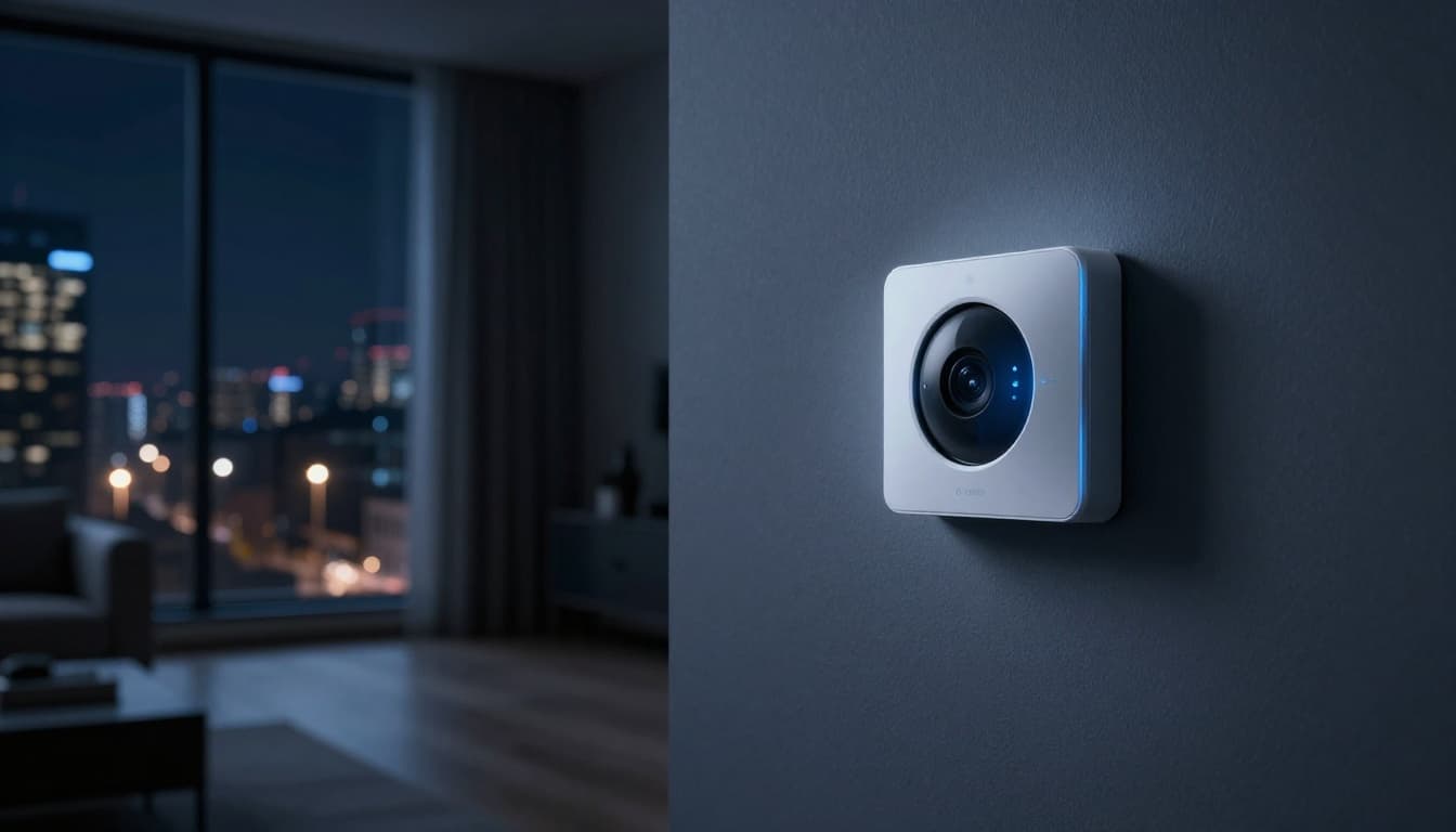 An empty modern living room at night features smart home devices like a wall-mounted camera and thermostat with faint digital glows indicating remote access risks, viewed through a window with a city nightscape under dramatic streetlight illumination.