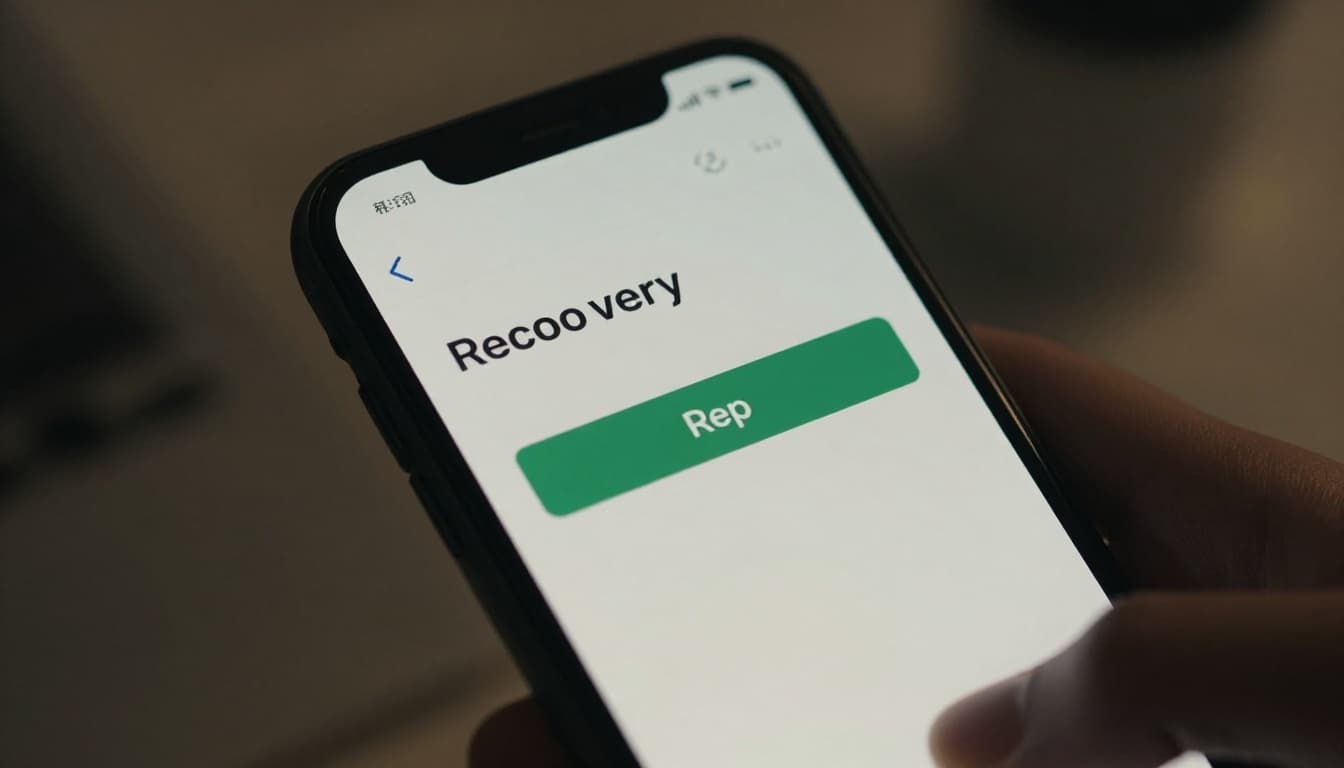 Close-up of a smartphone screen showing a recovery code prompt, held in hand against a blurred office background, with dramatic side lighting and cinematic style.