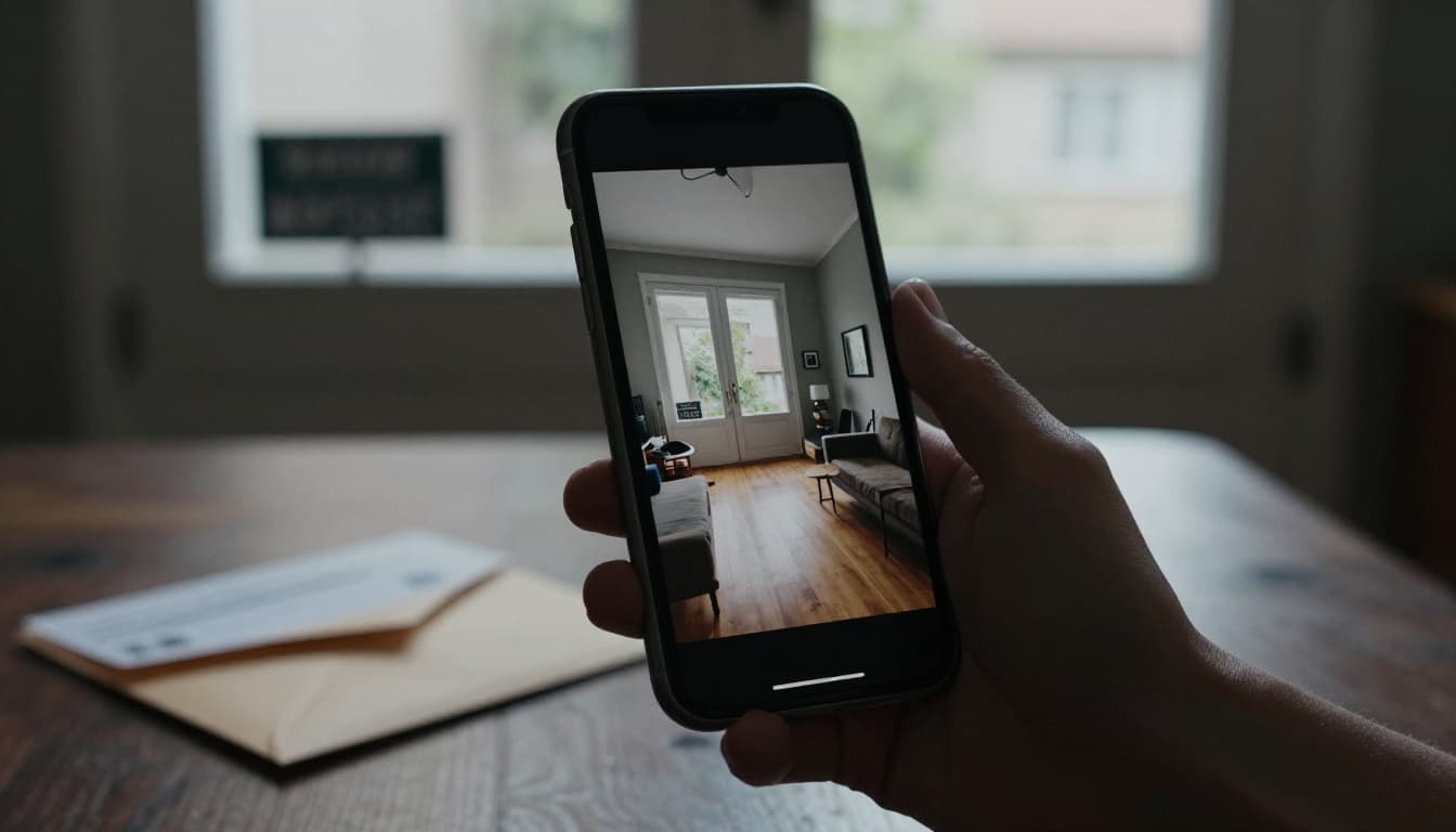 A relaxed hand holds a smartphone screen showing a social media photo of a living room interior, featuring an open mail envelope on the coffee table and a street sign through the window as subtle background clues, in dramatic cinematic lighting with strong contrast.