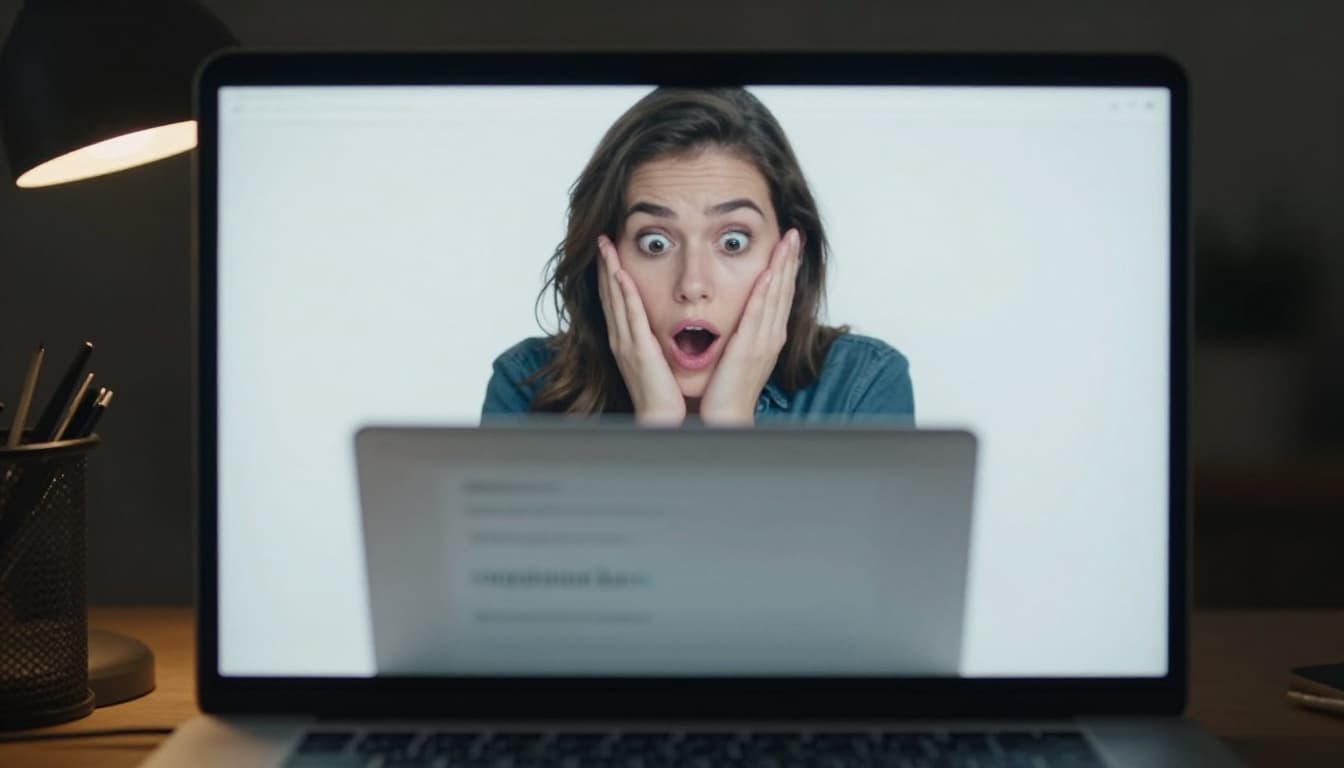 A surprised person sits at a modern home office desk, closely examining a suspicious phishing email on their laptop screen, which is slightly blurred with no readable text, illuminated by dramatic lamp lighting and cinematic contrast.