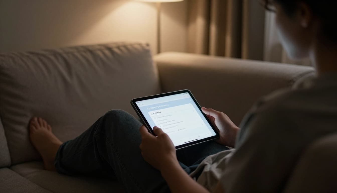 A person in a cozy living room uses a tablet on their lap to set recovery options, in a relaxed pose illuminated by soft window light. Cinematic style features strong contrast, depth, dramatic lighting, neutral warm tones, and muted palette.