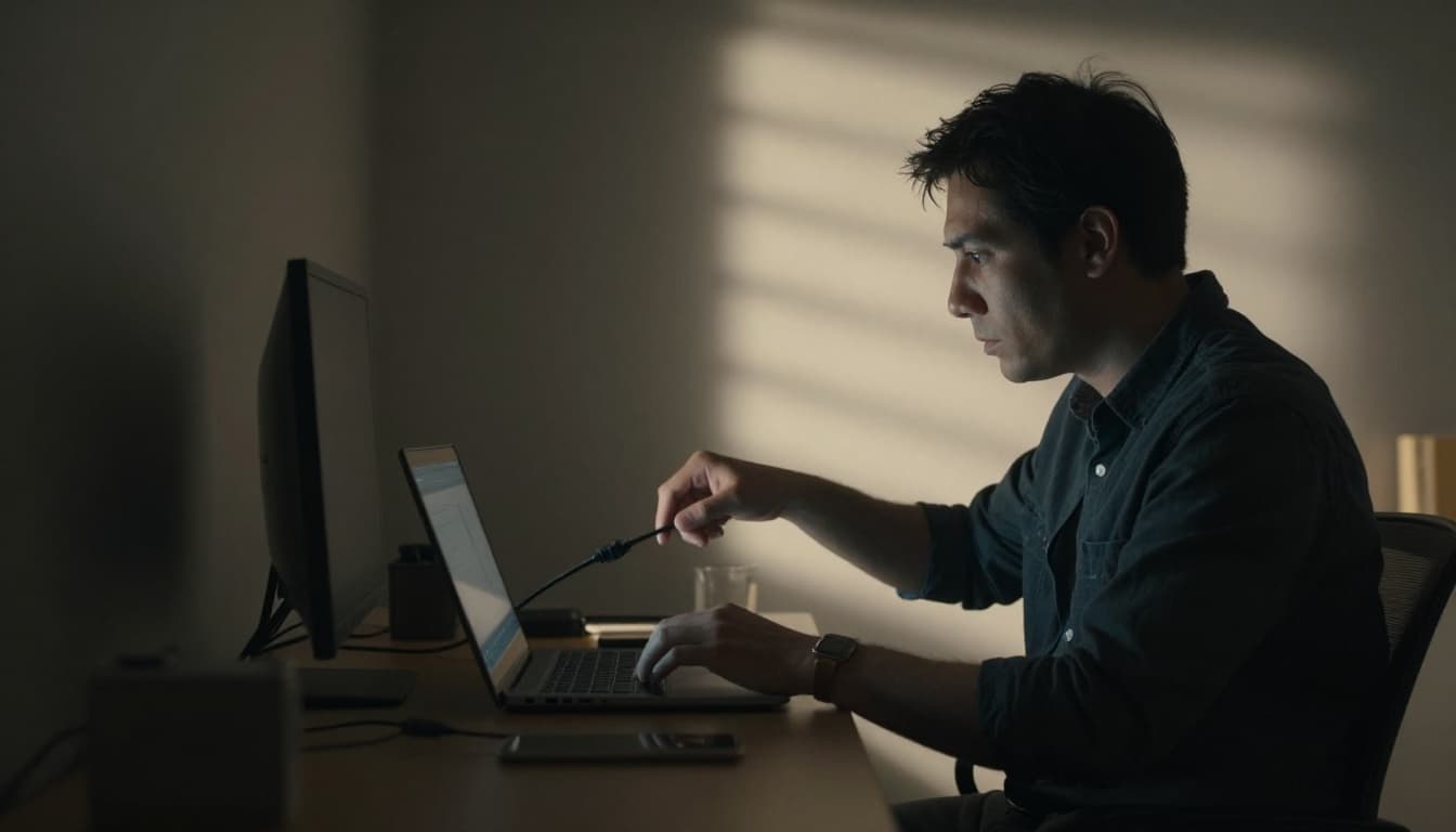 A person in a dimly lit home office urgently closes a laptop lid while reaching to unplug an ethernet cable, with focused expression, dramatic side lighting, high contrast, and cinematic depth of field.