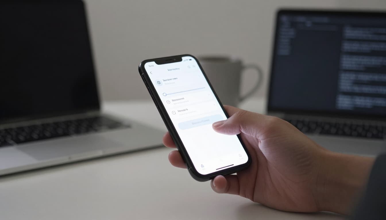 A single person sits relaxed at a desk in a home office, holding a smartphone with a generic blurred privacy settings interface, finger hovering over a slider. Nearby are an open laptop with screen off and a coffee mug, lit by dramatic cinematic side lighting with strong contrast and deep depth of field.