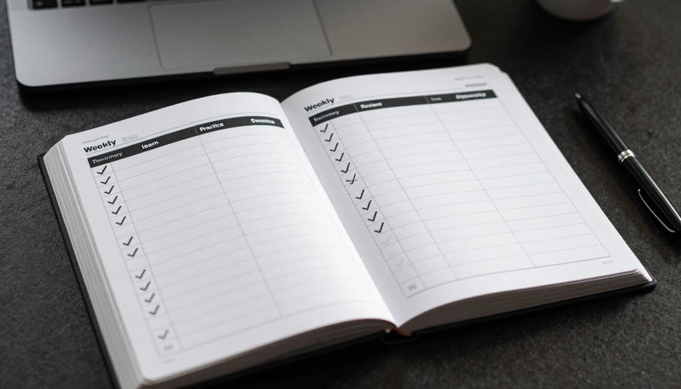An open weekly planner calendar on a desk shows organized slots for cybersecurity study including learn, practice, and review, marked with checkmarks, with a pen nearby and blurred laptop background. Cinematic lighting with strong contrast and neutral palette emphasizes focus on organization.