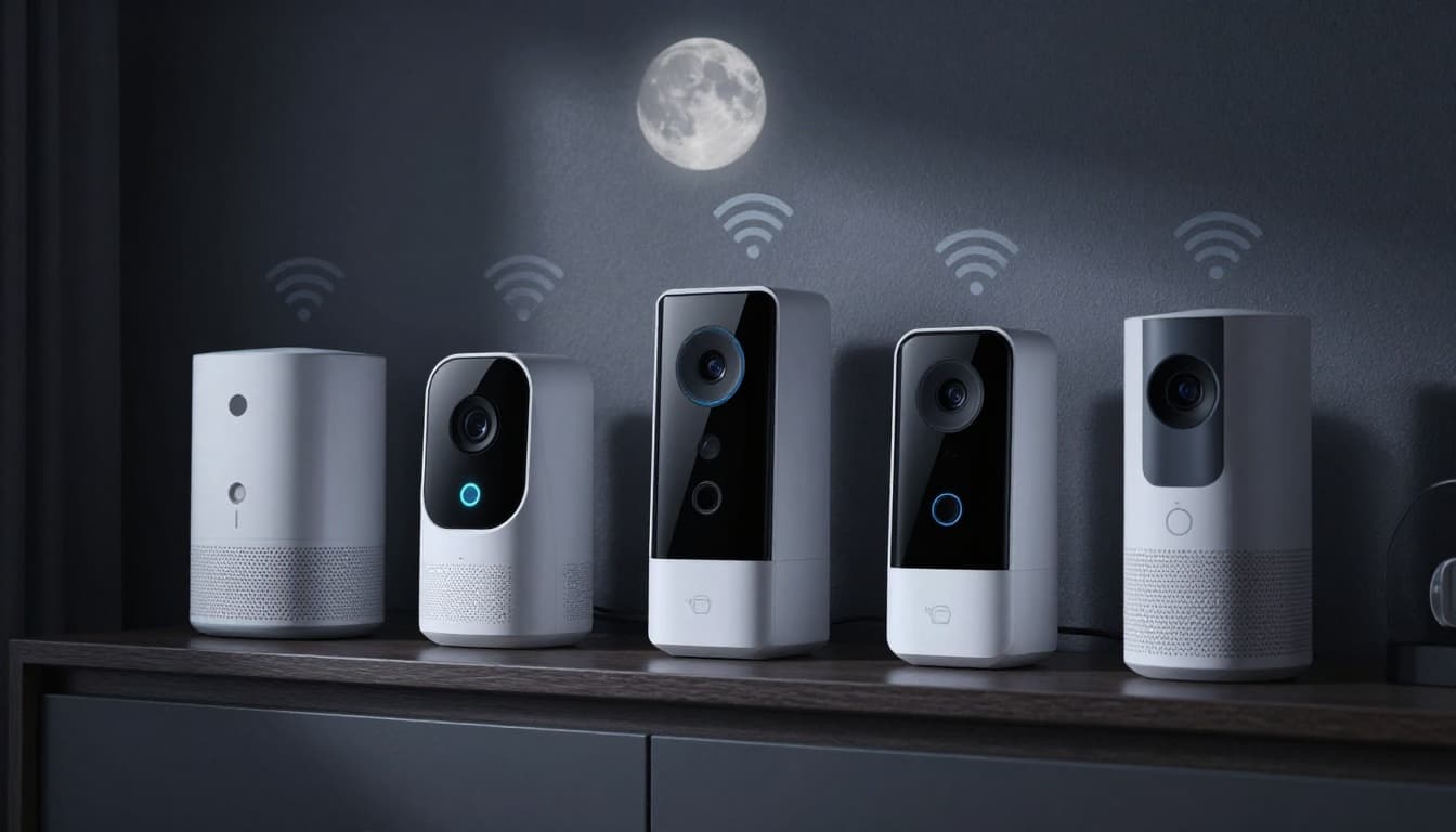 Smart home devices such as camera, doorbell, speaker, and thermostat arranged on a shelf with faint WiFi signal icons glowing, in a modern living room with dim lighting, low-angle cinematic composition, cool grays, detailed realistic style.